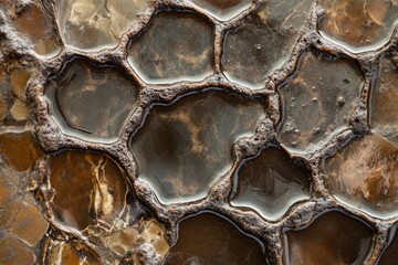 Fototapeta premium A close-up view of a hexagonal pattern on a stone surface, showcasing a blend of earthy hues with intricate details and textures, representing natural formations.