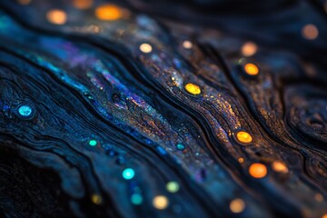 Swirling dark patterns with glowing colorful orbs evoke a cosmic, mystical feeling. The abstract arrangement suggests a universe full of hidden wonders and energies.