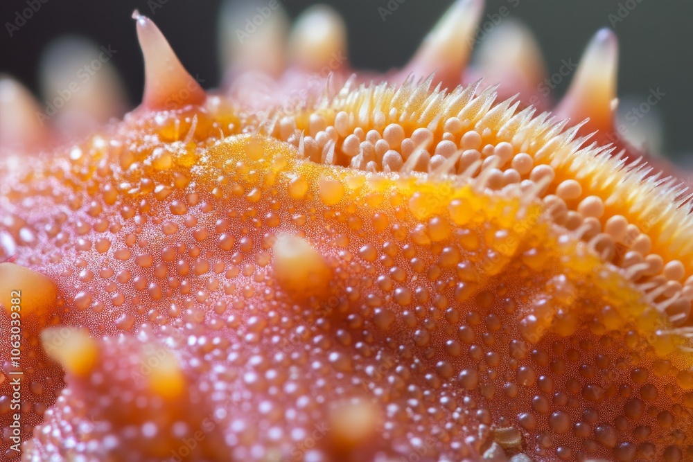 Poster this close-up image captures a spiky orange and pink textured surface, revealing intricate details a