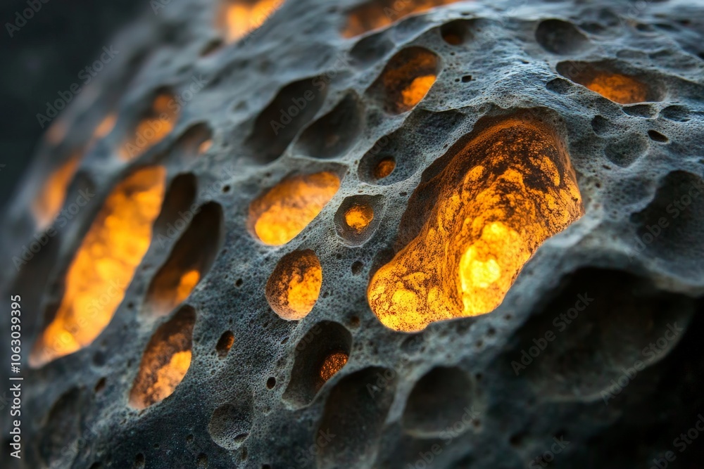 Aufkleber This image showcases a textured rock formation with glowing internal light highlighting the porous surface, creating an otherworldly and abstract visual element.