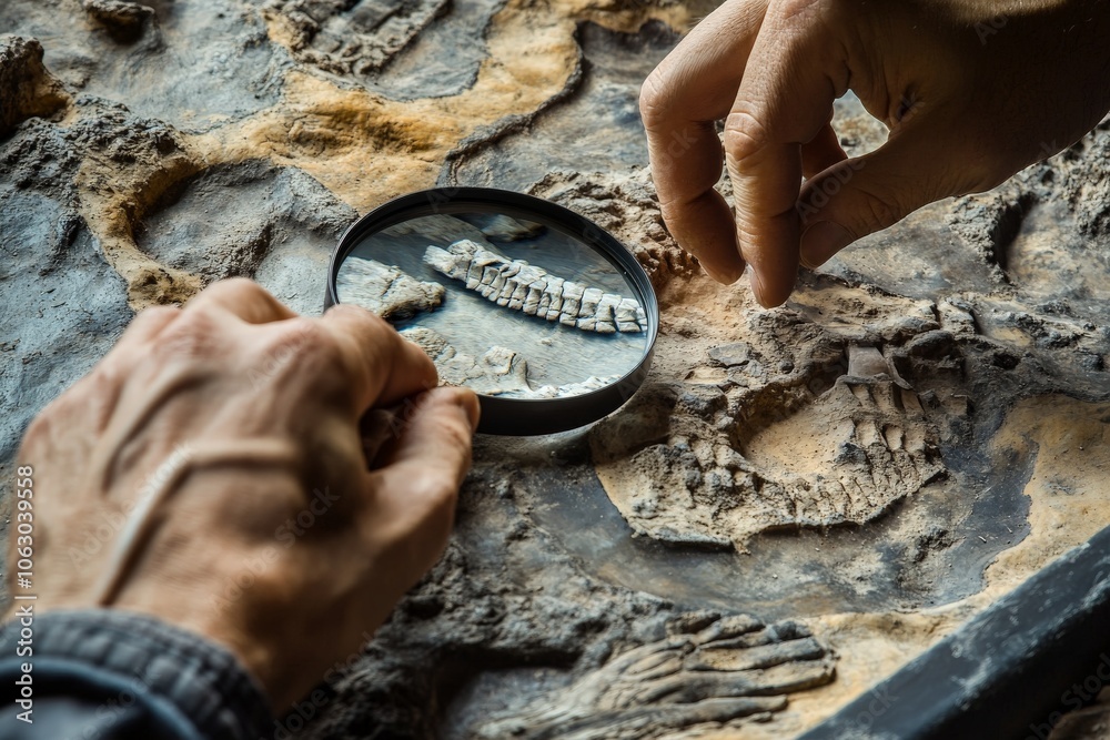 Poster a detailed examination of ancient fossil bones through a magnifying glass, highlighting intricate de