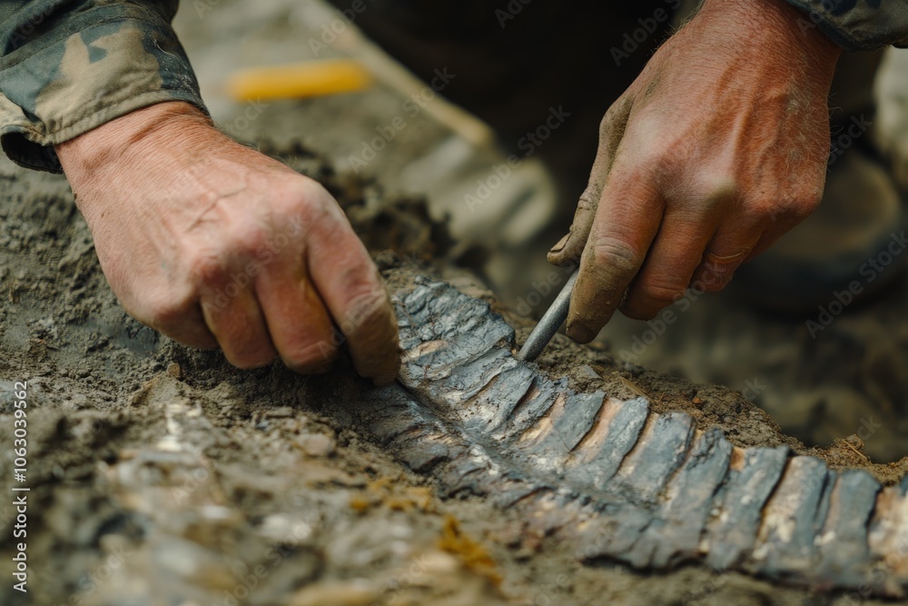 Poster hands gently and meticulously unearth dinosaur vertebrae fossils from soil, demonstrating the carefu