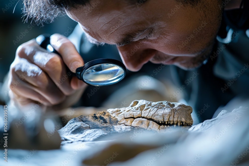 Poster a concentrated individual intensely examines a fossil using a magnifier, capturing the essence of sc