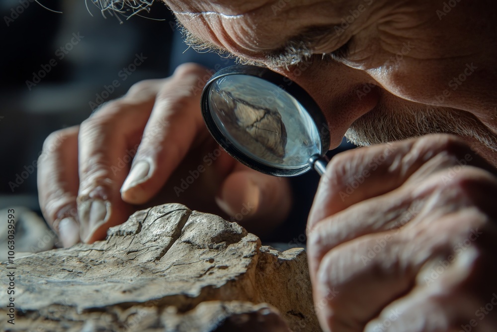 Aufkleber An elderly researcher closely analyzes ancient fossils with a magnifier, reflecting deep knowledge and dedication to uncovering historical significance of findings.
