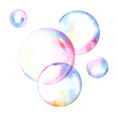 Soap bubbles watercolor composition . Fleeting spheres, weightless balls and foam Bubbles. Watercolor illustration for cards design, festive decoration, package and advertising.