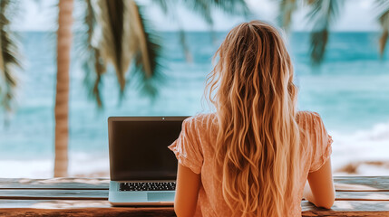 Young woman working remotely with laptop on tropical beach