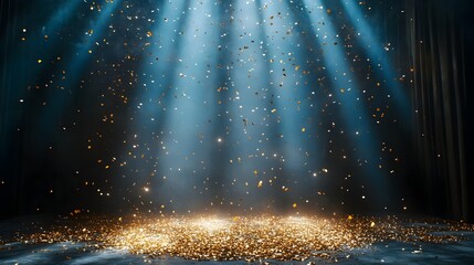 Golden Confetti Rain on Festive Stage with Luminous Light Beams in Elegant Theatrical Backdrop
