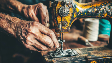 Close-up of hands operating an antique sewing machine