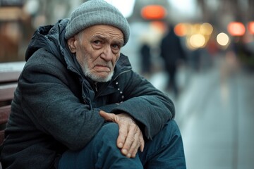 Obraz premium This image captures an elderly man wearing a beanie and warm jacket, seated on a bench in a bustling urban environment, evoking feelings of resilience and endurance.