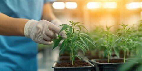 Person examining green plant growth in a nursery under bright lights.