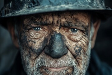 In this close-up, a dusty-faced miner gazes intently forward, his facial features etched with wear, conveying resilience and the harsh realities of his laborious life.