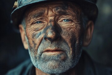 A portrait of an elderly miner with a face marked by soot and grime, highlighting piercing blue eyes and the weariness of a life spent underground.