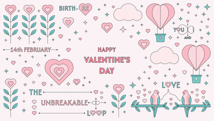 Valentine's Day background design with birds, hearts, stars, clouds, and leaves. Vector illustration.