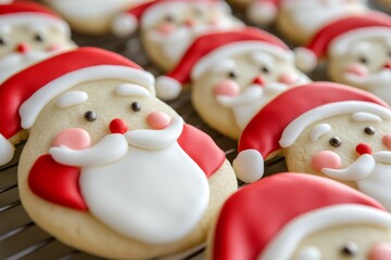 Fototapeta premium A batch of artistically decorated Christmas cookies featuring Santa Claus designs are neatly arranged on a cooling rack, showcasing festive and joyful holiday spirit.