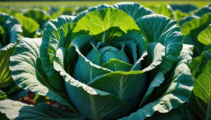 Obraz premium lush green cabbage, its vibrant leaves a deep emerald hue, stands proudly in a sun-kissed field