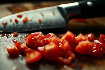 Close-up of diced tomatoes next to a knife on a wet cutting board, conveying a fresh and vibrant culinary experience with emphasis on texture and detail.