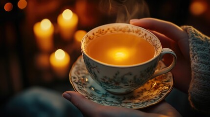 Obraz premium Hands holding a warm cup of tea a soothing gesture of care and love shared between partners during a relaxing and peaceful evening at home