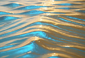 A holographic iridescent gold ocean with smooth, shiny waves creating a calming background. The reflective water glows in soft, radiant light