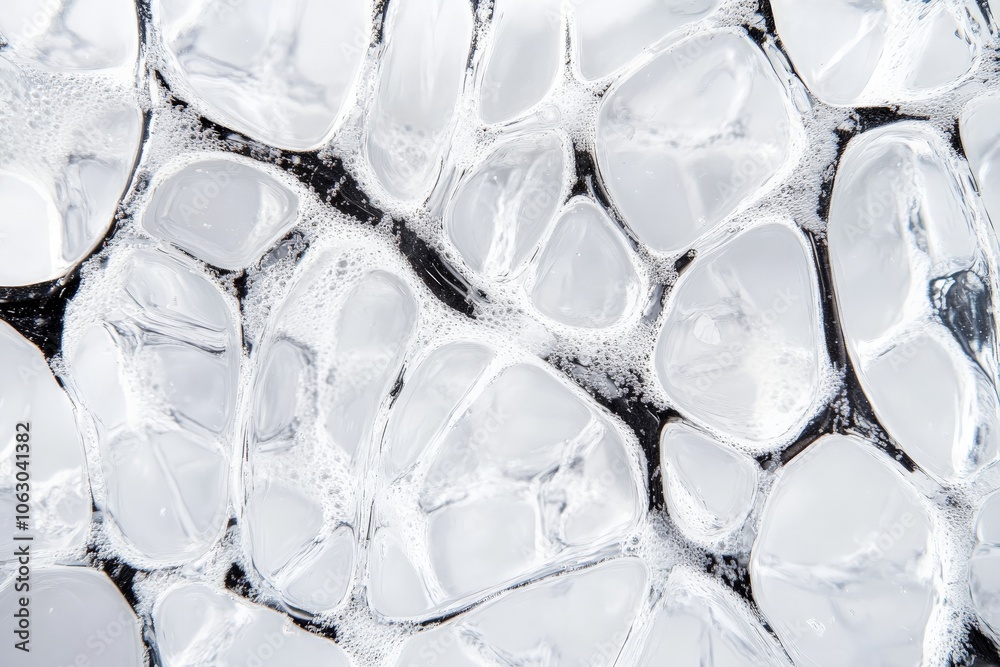 Leinwandbilder A high-resolution macro photograph showcasing clear ice cubes with intricate air bubbles and a textured surface, creating a captivating and refreshing view.