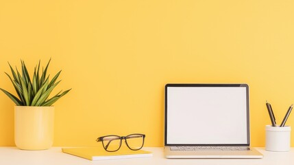 Create an inspiring and productive workspace with a minimalist yellow desk setup featuring a laptop plants and stationery