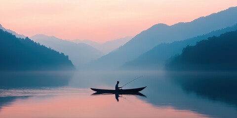 Silhouette of a fisherman in a kayak on a tranquil lake at sunrise.