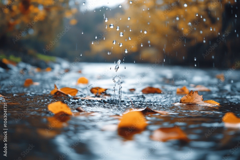 Aufkleber A beautiful autumn scene featuring golden leaves floating in a stream as gentle raindrops create splashes, capturing the essence of a serene fall day in nature.