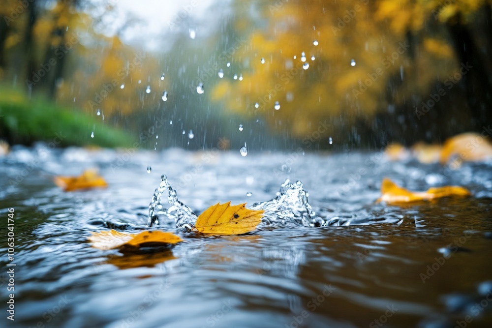 Poster a single golden leaf floats in the middle of a picturesque stream, with water droplets splashing aro