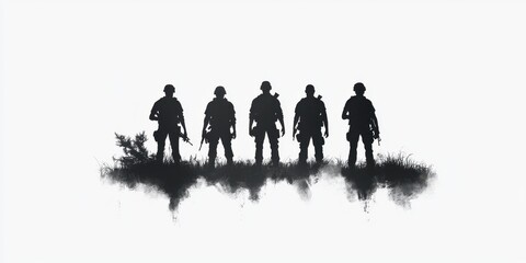Silhouette of five soldiers standing against a white isolated background.