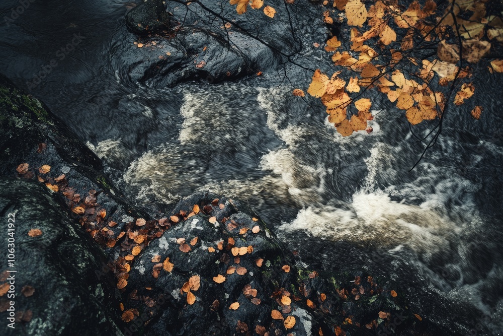 Poster a river flows vigorously through a landscape rich with autumn leaves on rocks and trees, showcasing 