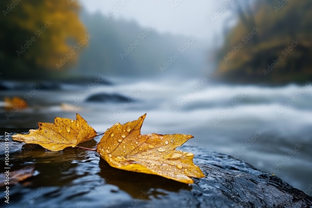 Poster Yellow autumn leaves rest on a wet stone next to a rapid river, embodying the essence of fall, with a blurred background adding depth and atmosphere to the image.
