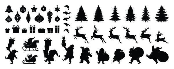 Naklejka premium Set of silhouette Christmas element vector. Decorative elements of tree, bauble, santa, reindeer, gift, sleigh, snowflake. Design for sticker, holidays, Happy New year, season's greetings card.