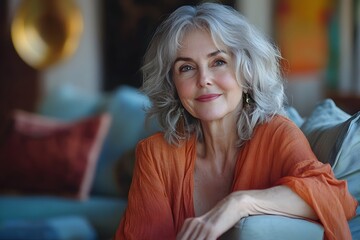 Obraz premium Cheerful and Relaxed Senior Woman Enjoys Comfortable Domestic Pastime at Home