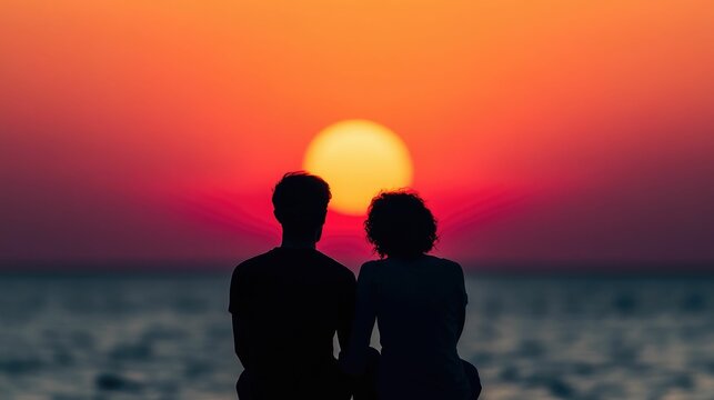 Loving partners sitting close and holding hands enjoying a serene sunset moment filled with deep affection and cherished connection  The scene exudes a sense of tranquility warmth