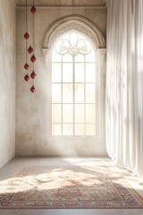 Empty room with large window, ornate rug, and red ornaments hanging from the ceiling.
