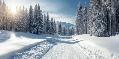 Obraz premium Snowy winter landscape with trees and sunlight, tranquil and serene scene.
