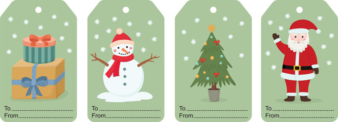 Set of Christmas tags. Winter labels with Santa, Christmas tree, snowman and gifts