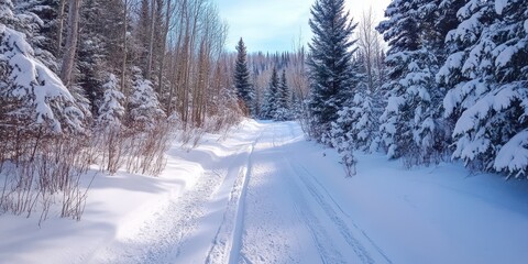 Obraz premium Snowy winter trail surrounded by tall evergreen trees under a clear blue sky.