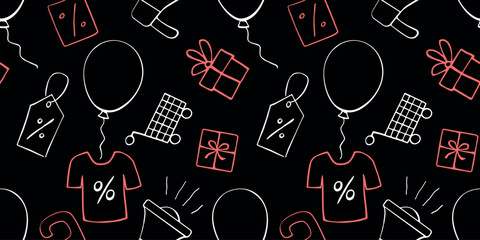 Simple vector seamless pattern related to shopping, black friday, promotions and sales. Endless background for gift paper, decoration, prints
