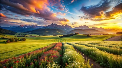 Obraz premium Stunning Agriculture Landscape with Rolling Green Fields, Distant Mountains, and Vibrant Skies - Perfect for Nature Lovers, Travel Enthusiasts, and Agriculture Aficionados