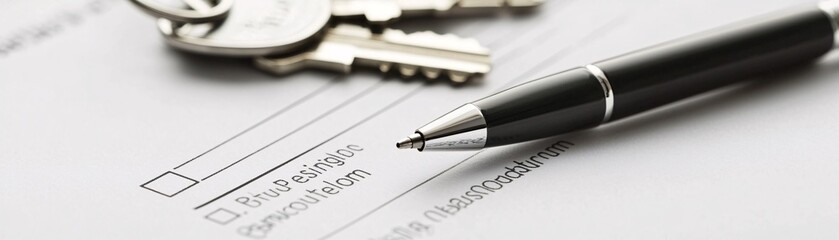 A mortgage approval form with a pen and house keys on a clean desk surface, representing successful property loan acquisition with ample copy space above.