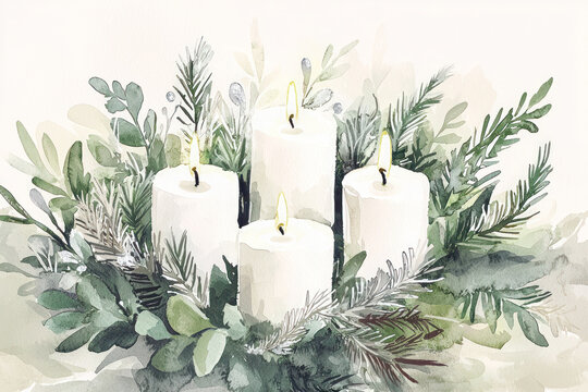 Watercolor style illustration of four Advent white candles surrounded by winter greenery and fir branches with a soft festive atmosphere.
