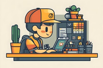 Flat style character debugging a mobile app in a simple three color style