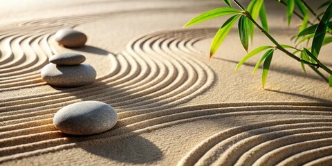 Obraz premium Tranquil Zen Garden: Macro Photography of Smooth Stones and Rippling Sand Under Bamboo Shadows for Relaxation and Mindfulness