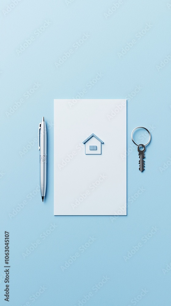Poster a minimalist setup of a mortgage approval document with a pen and keychain in the shape of a house, 