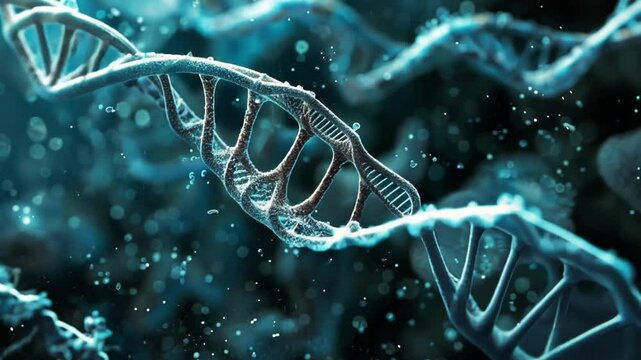 This depiction showcases the detailed structure of a DNA double helix, highlighting its twists and turns amidst a backdrop of luminous molecular elements in a dark environment