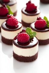 Delicious mini chocolate raspberry cheesecakes garnished with fresh raspberries ready to be enjoyed at a dessert table