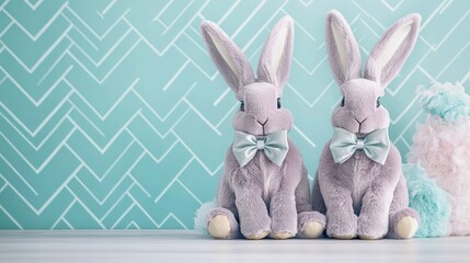 Obraz premium Two plush Easter bunny decorations with matching bow ties stand isolated on a light blue patterned background for seasonal marketing.