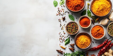 Variety of colorful spices and herbs in bowls on a neutral background.