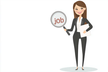 Vector of a businesswoman holding a large magnifier with the word "job" on it, with copy space. Flat light. 