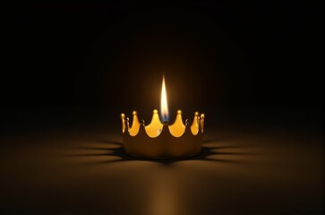 Golden crown with candle flame in dark background representing royalty, spirituality, and light in darkness for symbolic decor concepts